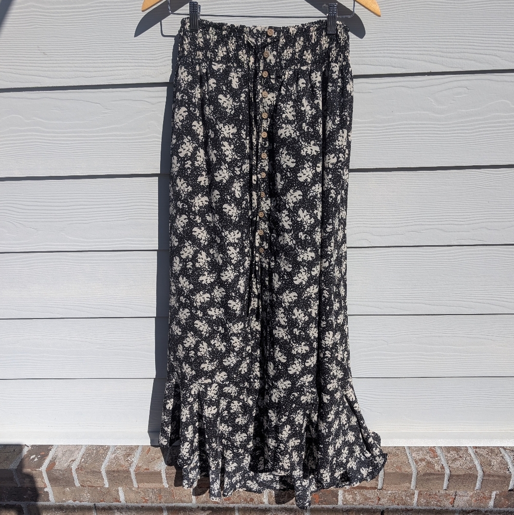 Promesa Skirt Black Size S Floral Maxi High Waist Elastic Buttondown Ties Flowy - Picture 2 of 7